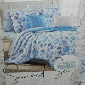 Sun & Sea 9 Pc Quilt Bedding Set Ocean Seashells Coastal King Blue/White NEW/NEW
